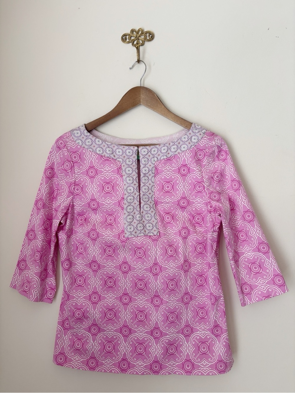 Jules Reid Pink Bohemian Mod Print Silk Blend Tunic Top Sz 12 Luxury Resortwear